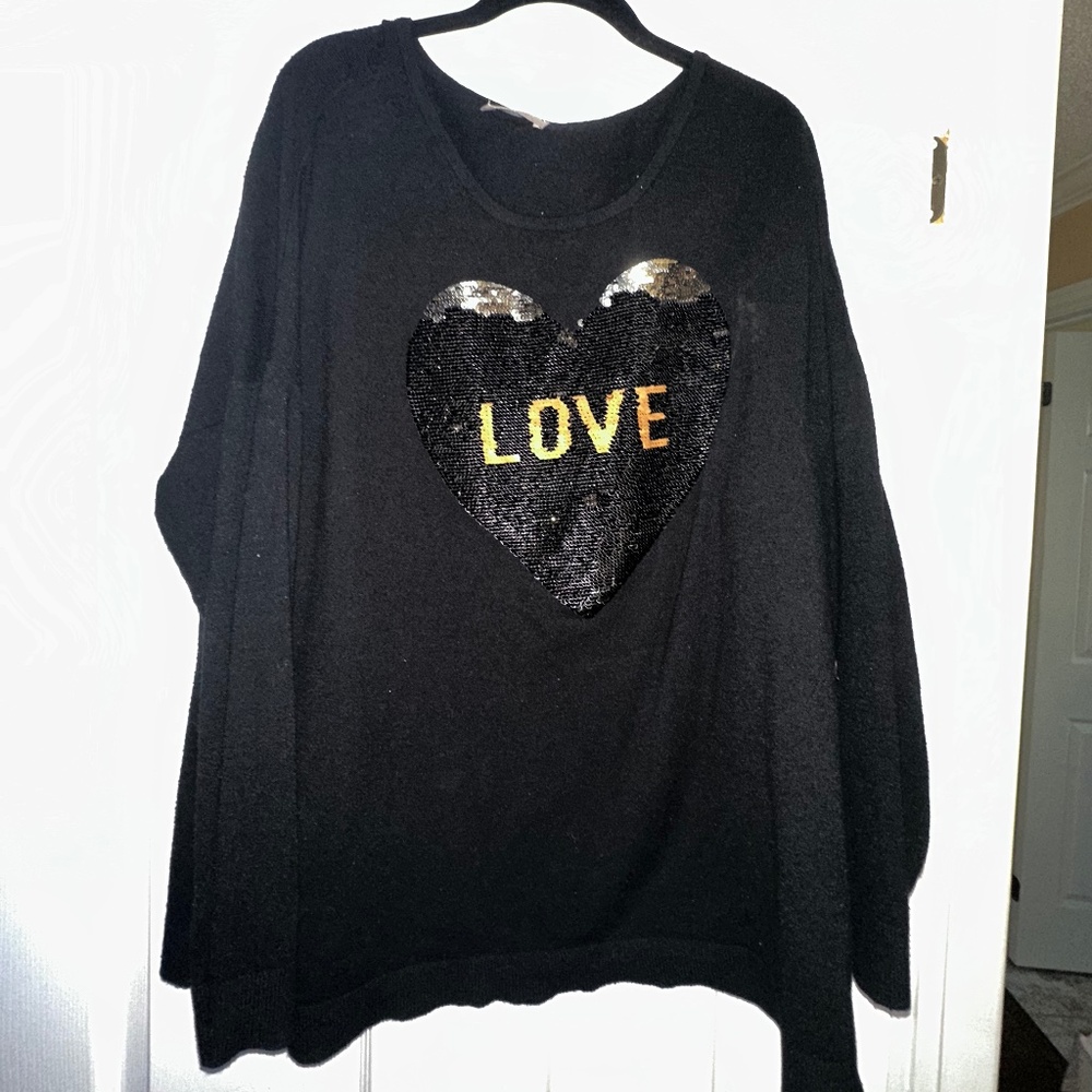 Black Sequin Heart "LOVE" Sweater, Size 3X